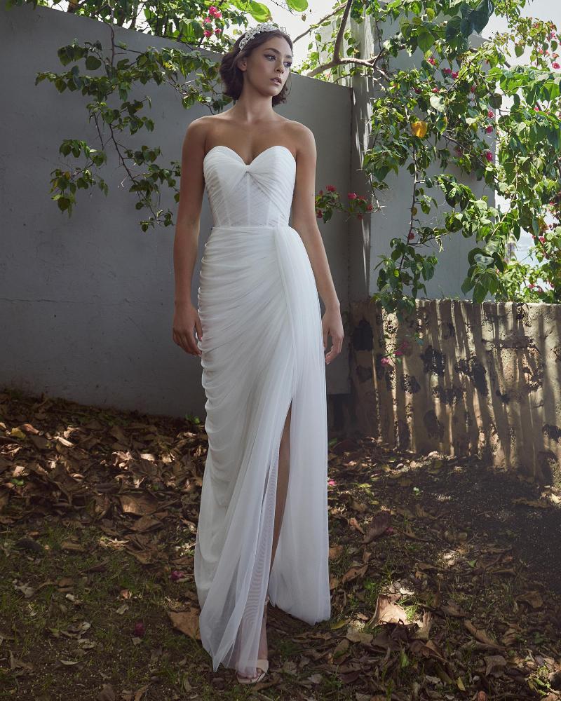 Lp2307 simple tulle wedding dress with slit and strapless sweetheart neckline1